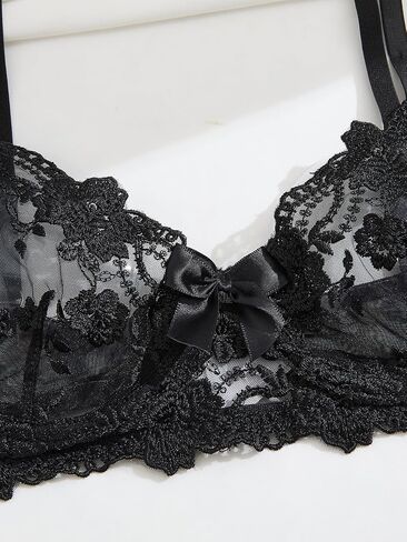 Sexy Floral Embroidery Mesh Sheer Underwire Push Up Garter Belt Women's Sexy Lingerie Set 3 Piece in Saudi Arabia