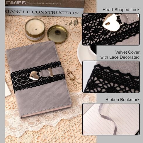 CAGIE Diary with Lock for Girls, Velvet Cover Girls Diary, A5 100 GSM Lock Journal for Writing with Heart Shaped Lock and Keys, Lock Journal Gift Ideas for Girls Women Teen, 224 Pages, Grey in Kuwait