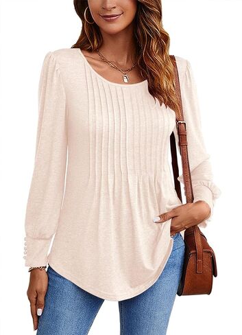 Ladlop Long Sleeve Shirts for Women Fall Pleated Crew Neck Tunic Tops for Leggings Loose Fit Dressy Casual Blouses Tshirts in Saudi Arabia