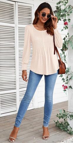 Ladlop Long Sleeve Shirts for Women Fall Pleated Crew Neck Tunic Tops for Leggings Loose Fit Dressy Casual Blouses Tshirts in Saudi Arabia