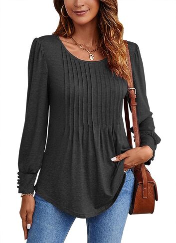 Ladlop قمصان طويلة الأكمام للنساء الخريف مطوي الرقبة الطاقم تونك القمم لطماق فضفاضة تناسب متأنق بلوزات غير رسمية بلايز in Kuwait