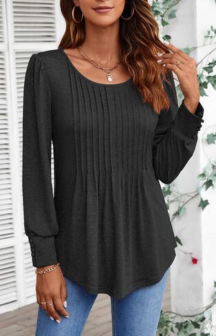 Ladlop قمصان طويلة الأكمام للنساء الخريف مطوي الرقبة الطاقم تونك القمم لطماق فضفاضة تناسب متأنق بلوزات غير رسمية بلايز in Kuwait