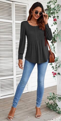 Ladlop قمصان طويلة الأكمام للنساء الخريف مطوي الرقبة الطاقم تونك القمم لطماق فضفاضة تناسب متأنق بلوزات غير رسمية بلايز in Kuwait