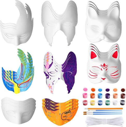 Leyndo Halloween DIY Face Masks White Blank Paper Mask Paintable with 12 Colors Paint Kit Paint Brushes Tied Rope in Saudi Arabia