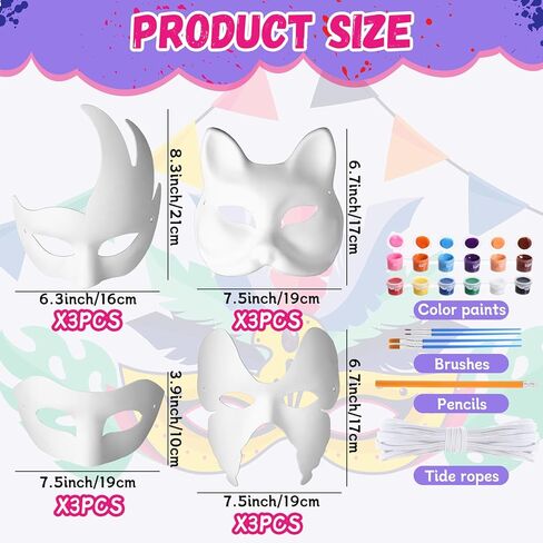 Leyndo Halloween DIY Face Masks White Blank Paper Mask Paintable with 12 Colors Paint Kit Paint Brushes Tied Rope in Saudi Arabia
