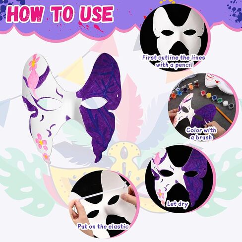 Leyndo Halloween DIY Face Masks White Blank Paper Mask Paintable with 12 Colors Paint Kit Paint Brushes Tied Rope in Saudi Arabia