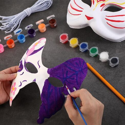 Leyndo Halloween DIY Face Masks White Blank Paper Mask Paintable with 12 Colors Paint Kit Paint Brushes Tied Rope in Saudi Arabia