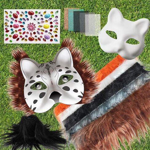 مجموعة قناع تيريان للقطط DIY مع ملصقات للأحجار الكريمة بشرائط من الفرو الصناعي، مجموعة الحرف اليدوية لقناع تيريان، أقنعة تنكرية للهالوين in Kuwait