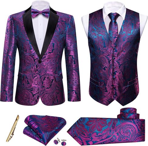 Barry.Wang الرجال السترة البدلة سترة سهرة الأرجواني الأزرق بيزلي اللباس سترة مطابقة التعادل مجموعة البدلة صدرية الزفاف الرسمي 6 قطعة معطف حفلة موسيقية العشاء in Kuwait