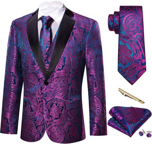 Barry.Wang الرجال السترة البدلة سترة سهرة الأرجواني الأزرق بيزلي اللباس سترة مطابقة التعادل مجموعة البدلة صدرية الزفاف الرسمي 6 قطعة معطف حفلة موسيقية العشاء in Kuwait