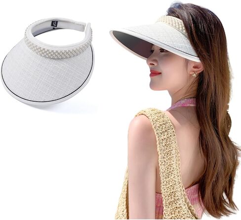 Womens Sun Visor Hat Large Brim Pearl Summer Beach Hats for Women Travel Outdoor Sports Hat UPF 50+ in Saudi Arabia
