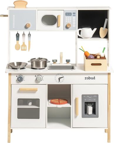 مطبخ لعب الأطفال من ROBUD - مطبخ ألعاب خشبي مع صندوق زرع، مجموعة لعب المطبخ التظاهري من مونتيسوري مع صانع الثلج وفرن بيتزا للأطفال الصغار 3-8 in Kuwait