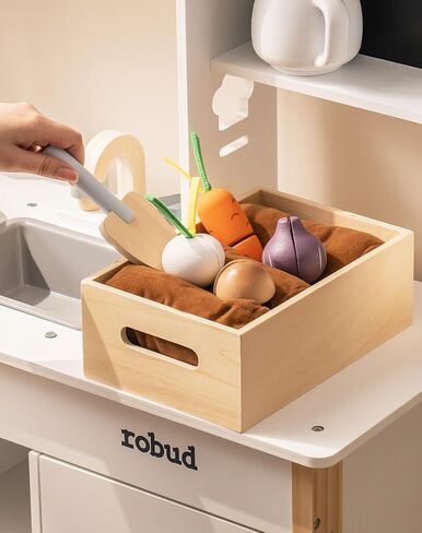 مطبخ لعب الأطفال من ROBUD - مطبخ ألعاب خشبي مع صندوق زرع، مجموعة لعب المطبخ التظاهري من مونتيسوري مع صانع الثلج وفرن بيتزا للأطفال الصغار 3-8 in Kuwait