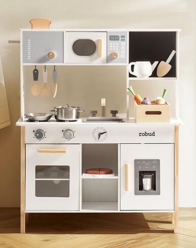 مطبخ لعب الأطفال من ROBUD - مطبخ ألعاب خشبي مع صندوق زرع، مجموعة لعب المطبخ التظاهري من مونتيسوري مع صانع الثلج وفرن بيتزا للأطفال الصغار 3-8 in Kuwait