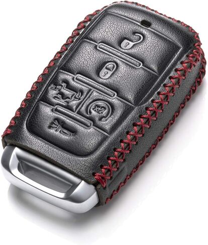 Vitodeco Genuine Leather Smart Key Fob Case Cover Protector Compatible with RAM 1500, RAM 2500, RAM 3500 2019-2025 (5-Button with Tailgate, Black/Red) in Kuwait