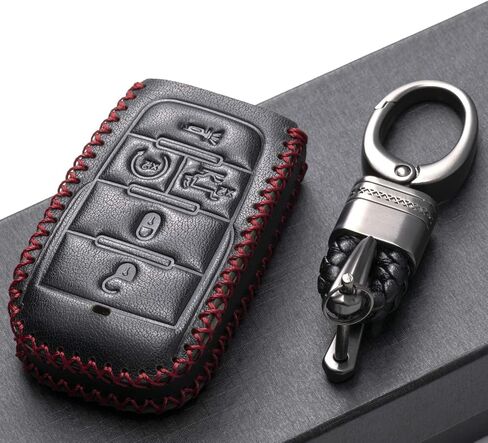 Vitodeco Genuine Leather Smart Key Fob Case Cover Protector Compatible with RAM 1500, RAM 2500, RAM 3500 2019-2025 (5-Button with Tailgate, Black/Red) in Kuwait