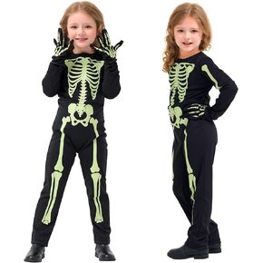 Kids Skeleton Costume Glow in the Dark Skeleton Costume Halloween Toddler Ghost Onesie with Gloves for Boys Girls