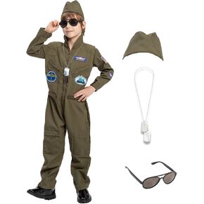 Kids Fighter Pilot Costume Air Force Flight Suit Military Halloween Costume for Boys Girls Jumpsuit with Aviator Hat