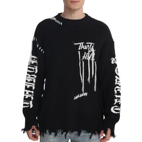 SINAR Men Oversized Sweater Distressed Effect Knit Jumper Winter Casual Pullover Knitwear Crew Neck Sweater for Men