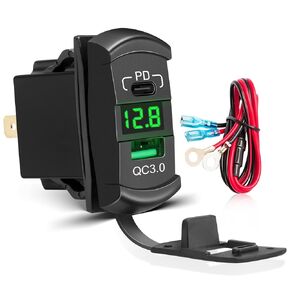 Anina USB C Rocker Switch Insert 12V 24V 30W USB A PD Outlet Socket with LED Voltage Display 18W QC 3.0 Charger Replacement for Marine Cars Truck Van Boat RV Motorcycle ATV