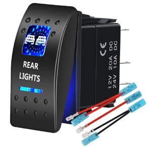 AUKA Rear Lights Rocker Switch Toggle Waterproof 12V 24V, 5Pin SPST ON-Off Toggle Switch Blue LED Light, with Jumper Wires Set for Car Truck Marine Boat Trailer 4x4 Caravan RV SUV ATV UTV