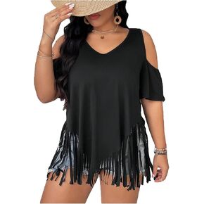 Women's Plus Size Fringe Hem V Neck Tops Short Sleeve Cold Shoulder T Shirts Top