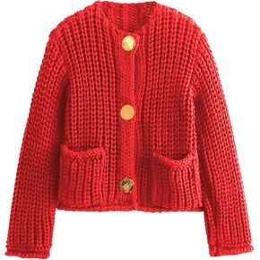 Arssm Womens Cropped Cardigan Sweaters Chunky Open Front Button Down Knit Sweater Long Sleeve Loose Cardigan Outerwear(Red-L)
