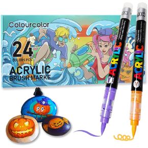 24 Colors Brush Tip Acrylic Paint Pens Markers, Premium Liquid Ink Acrylic Paint Pens for Glass, Canvas, Stone, Rock Painting, Wood, Ceramic Surfaces, DIY Crafts Making Art Supplies