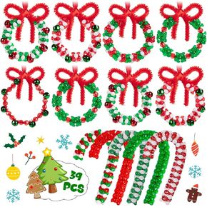 Christmas Crafts for Kids, Beaded Ornament Kit- 39Pcs DIY Christmas Ornaments to Make Wreath Candy Cane Xmas Holiday Tree Hanging Decorations Christmas Party Ornaments for Children and Adults