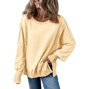KINLONSAIR Womens Oversized Crew Neck Long Sleeve Sweatshirt Casual Loose Reverse Seam Side Slit Fall Pullover Top