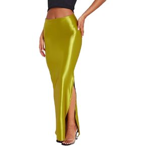 Molisry Women's Satin Side Slit Skirt High Waisted Soft Elegant Casual A-Line Cocktail Wedding Long Maxi Skirt