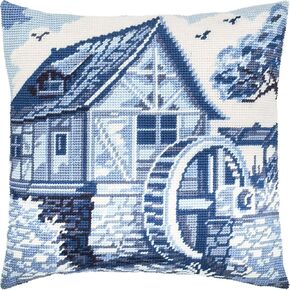 Brvsk Landscape Embroidery Kit for Adults and Beginners — Delft Blue 16″ × 16″ with Clear, Precise Printed Design on Cotton Canvas; Includes 2 Needles, Yarn, and Easy-Read Chart