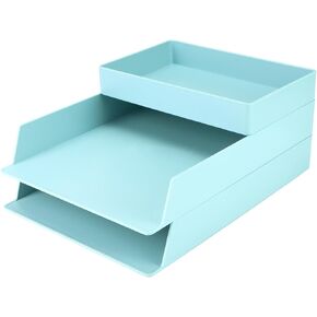 QWORK 2 Tier Stackable Letter Tray, ABS Resin Desktop Paper Tray Organizer for A4 Documents, 32.5×24×5cm, Blue