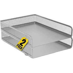 1InTheOffice Desk Trays Stackable Letter Tray, Matte Silver Wire Mesh Front-Load Paper Tray Organizer, (2 Pack)