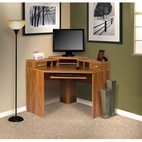OS Home and Office Furniture OSHOM Model Monitor Platform, Keyboard Shelf, 2 Box 1 File Drawer Corner Computer Work Center, Autumn Oak Laminate