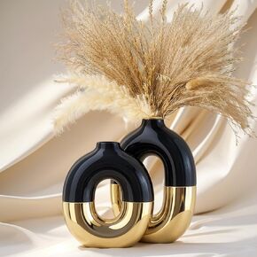 Black and Gold Vase Set of 2 Ceramic Vase Black Gold Vase for Shelf Décor Home Decor Flower Vase Decorative Vases Ceramic Vase for Home Decorative Modern and Round Vase for Pampras Grass