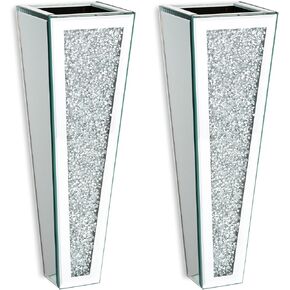 مزهريات حائط مرآة للديكور، قطعتان من Hewory بطول 11.2 بوصة مزهريات فضية معلقة للزهور، مزهرية كبيرة لامعة ذات مرآة مزخرفة، ديكور جداري كريستالي لامع ديكور منزلي من الألماس المسحوق (لا يمكنه حمل الماء) in Kuwait