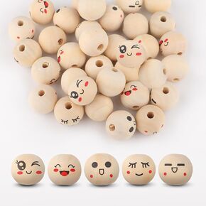 50PCS Wooden Beads, 20mm Smile Face Round Face Natural Wood Beads, Wooden Beads for Crafts Round Wood Beads for DIY Crafts, Jewelry Making, Christmas Angel Decorations(5 Style)