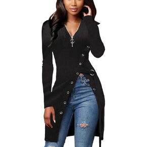 Sexy Winter Tops for Women Asymmetrical Zip Up V Neck Long Sleeve Side Split Hem Longline Tunic Blouses Top