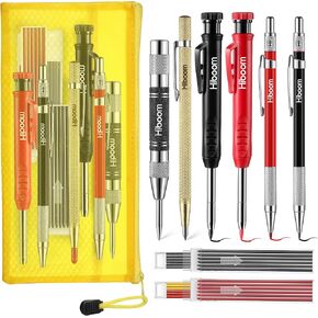 Hiboom 10 Pack Carpenter Pencil Set with Sharpener, Mechanical Carpenter Pencils 36 Refills, Storage Bag, Automatic Center Punch and Carbide Scribe Tool, Heavy Duty Construction Pencil for Architect
