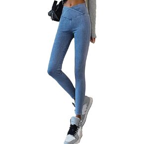 xxxiticat Women's Workout Denim Leggings High Cross Waist Seamless Washed Plain Fitness Yoga Sports Tight Jegging Pants