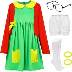 Panitay 7 Pcs Women's Halloween Costume Outfits Green Dress Red Knit Cardigan Shorts Glasses Socks Hair Tie for Cosplay