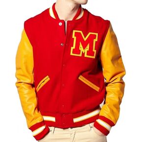 The Jasperz Thriler Red & Yellow M Logo Varsity Letterman Bomber Jacket - Wool and Faux Leather Bomber Jacket