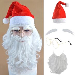 Christmas Mens Costume Santa Claus Wig with Beard and Eyebrow and Goldren Eyeglasses and Red Santa Hat (5piece set)