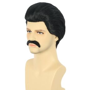 karlery Men Short Black Wig Mustache Wig 70s 80s Rock and roll Singer Wig Halloween Cosplay Party Costume Wig