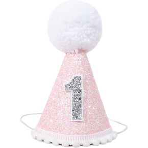 Pink Glitter 1st Birthday Hat - Girls First Birthday Party Decorations,One Pink Cone Hat With White Pom Poms,Cake Smash Party Crown Outfit,Girls 1st Birthday Pink Hat Photo Props