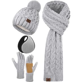 URATOT Women Winter Beanie Hat Scarf Gloves Ear Warmer 4 in 1 Set Beanie Pompom Hat Touchscreen Gloves Long Scarf Ear Warmer
