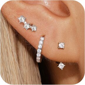 Sterling Silver Earrings Set for Women, Small S925 Hypoallergenic Earring Stacks, Dainty 5A CZ Huggie Stud Earrings for Sensitive Ears—Trendy 2024