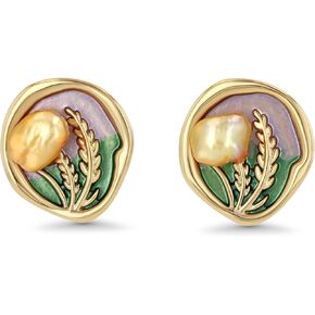 Gold Purple Irregular Button Enamel Freshwater Pearl Statement Earrings for Women, Colorful Green Plant Round Handmade Chunky Trendy Summer Studs Jewelry Gifts, Swirl Beachy Flower Geometric Fashion Baroque Accessories, Vintage Classy Circle Nickle Free F