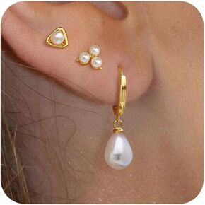Gold Earrings for Women Dainty Pearl Hoop Earrings 14k Gold Plated Stud Earrings Hypoallergenic Drop Dangle Earrings Set for Multiple Piercing Jewelry for Women